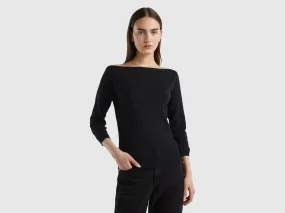 100% cotton boat neck sweater - Black | Benetton