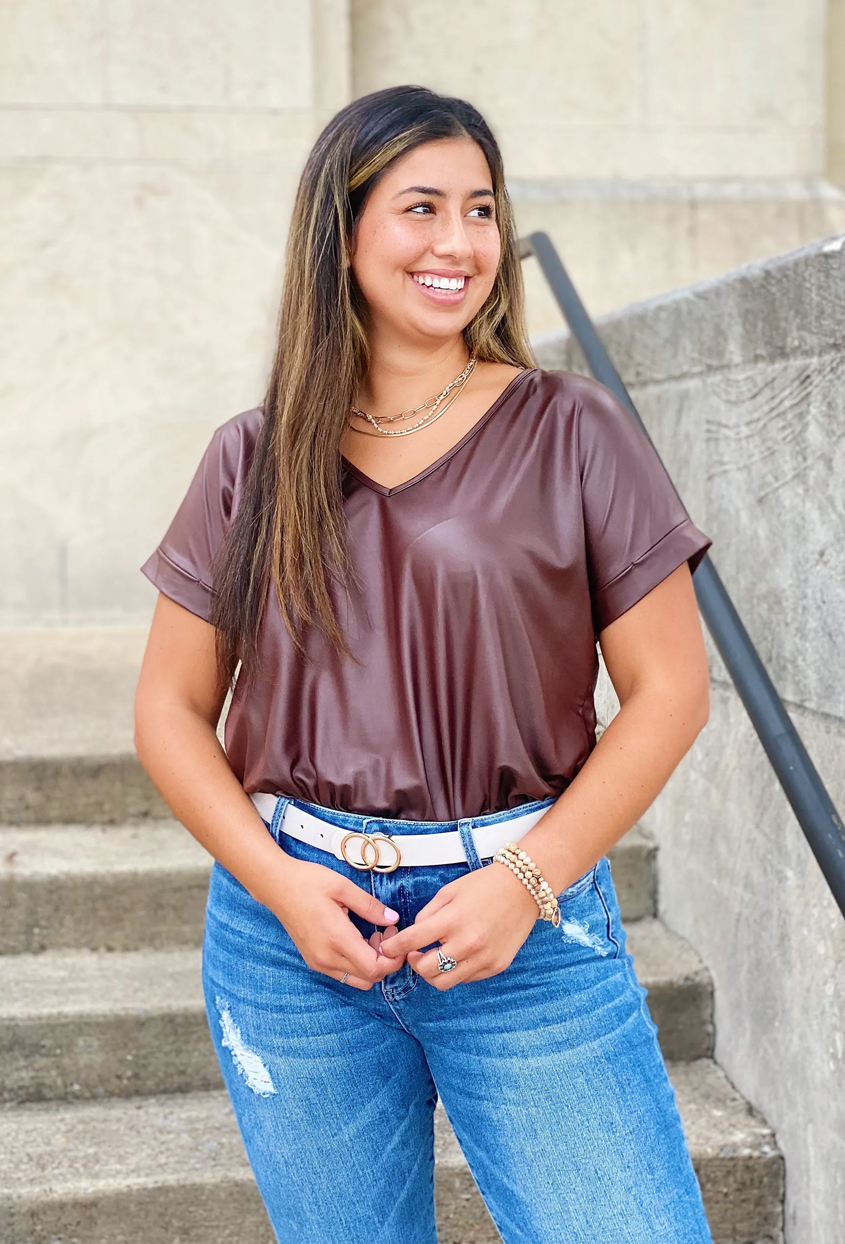 Beyond Basic Leather Bodysuit in Brown