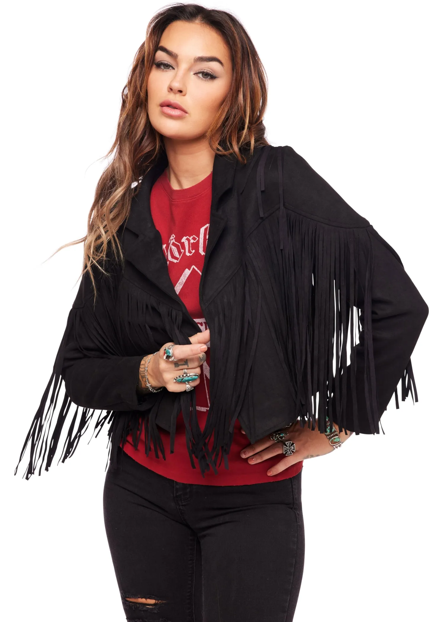 Black Faux Suede Moto Jacket with Fringe