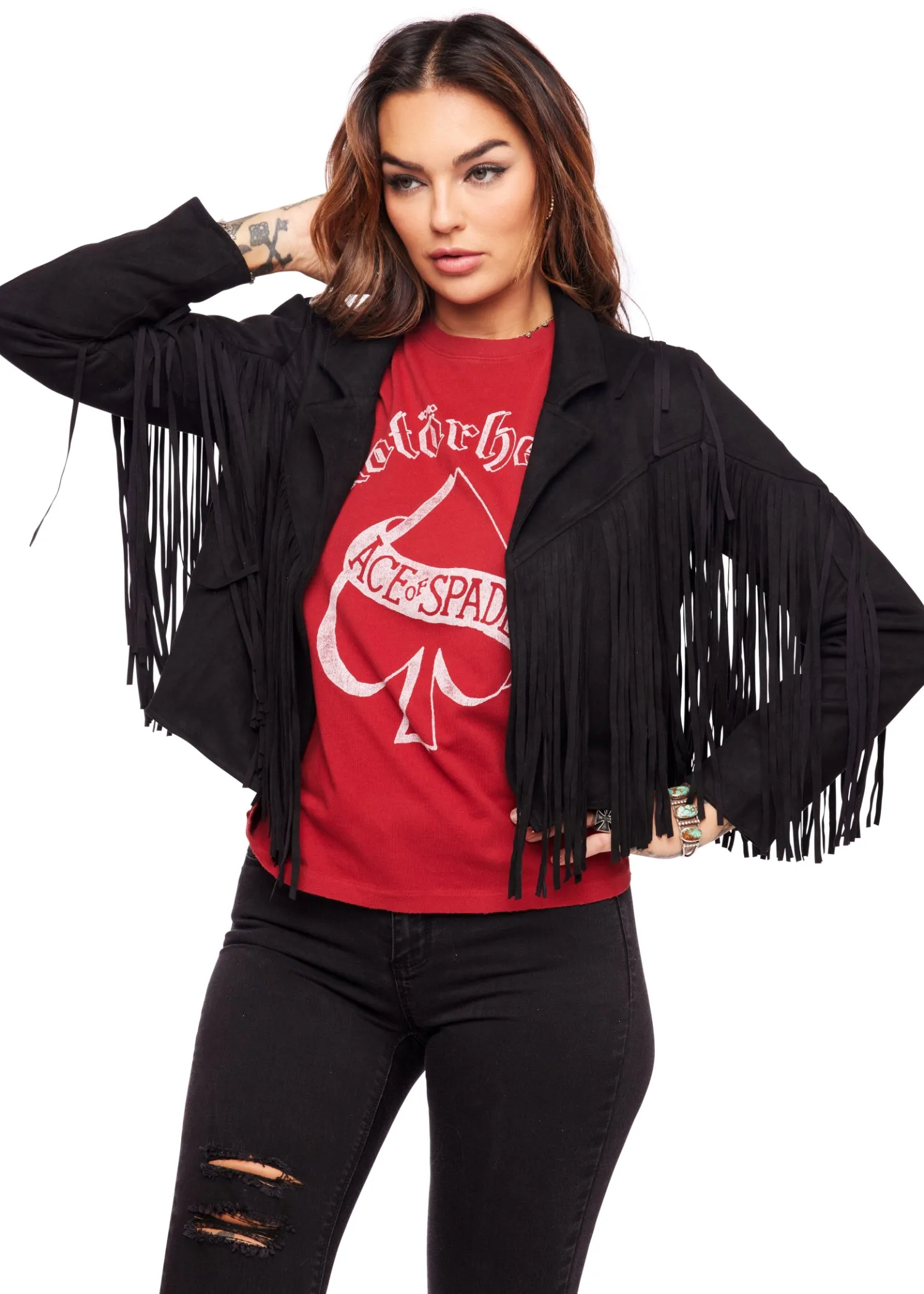 Black Faux Suede Moto Jacket with Fringe