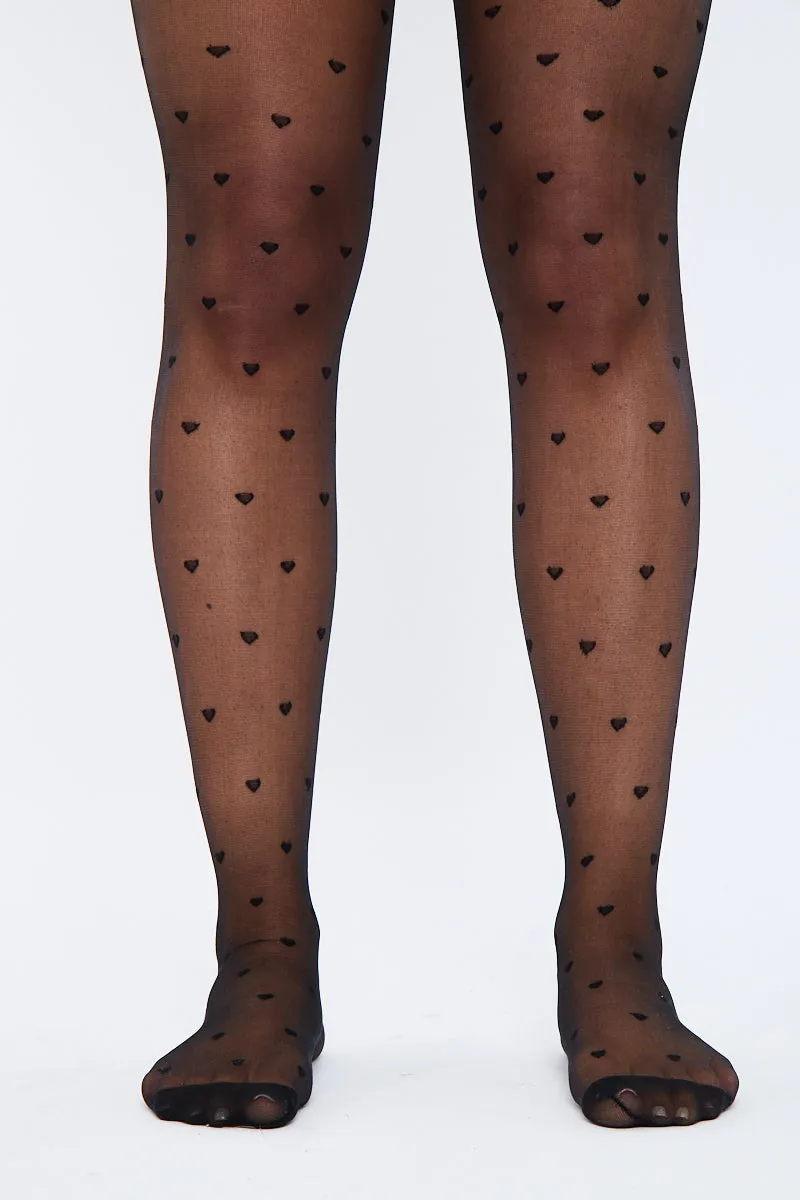 Black Love Heart Detail Tights - Brenna