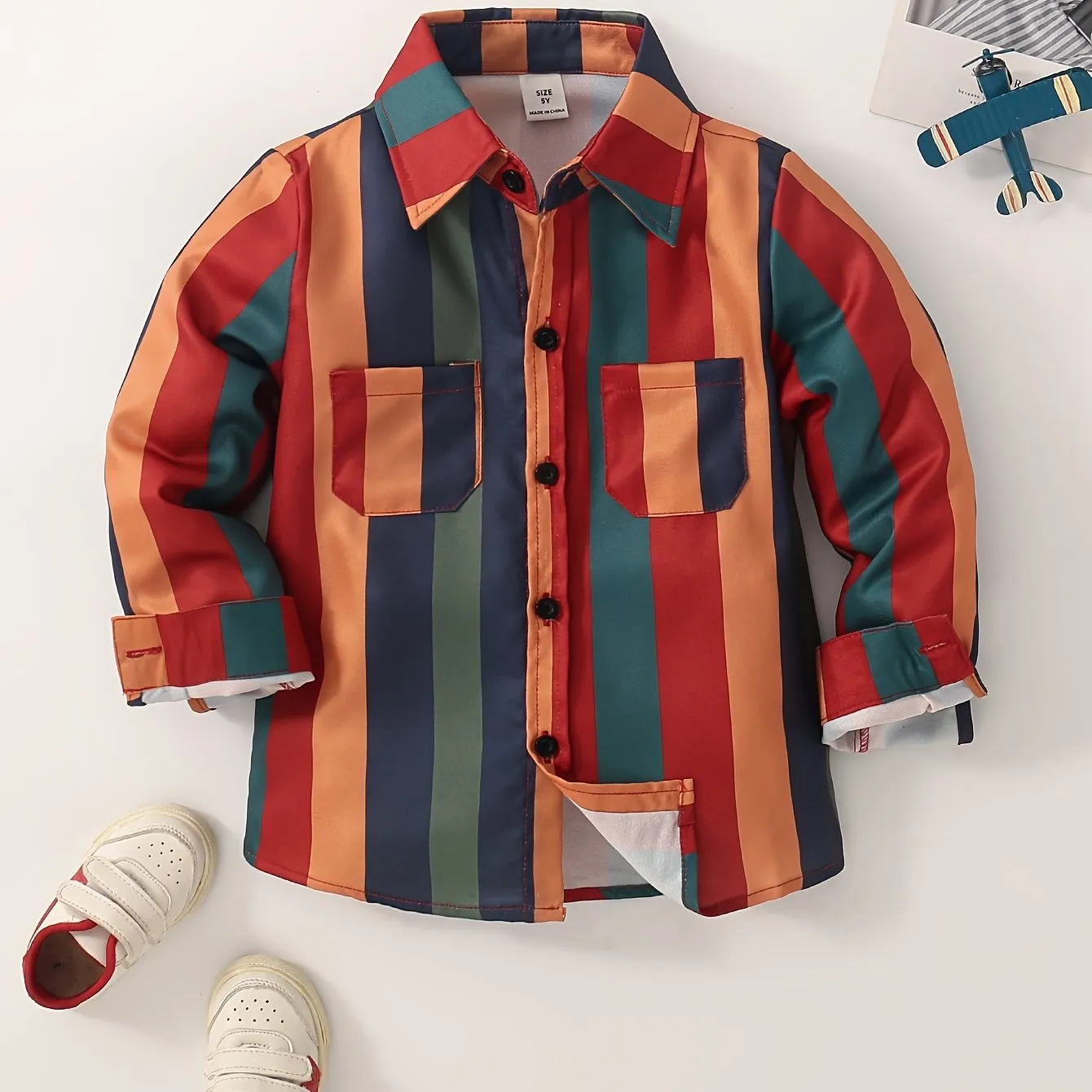 Boys Vibrant Striped Shirt Trendy Casual Vacation Top