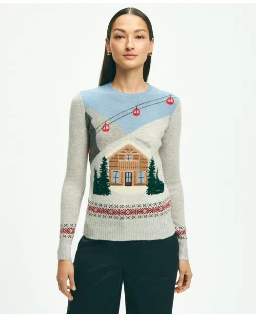 Brooks Brothers Women's Lambswool Ski Chalet Intarsia Crewneck Sweater Grey