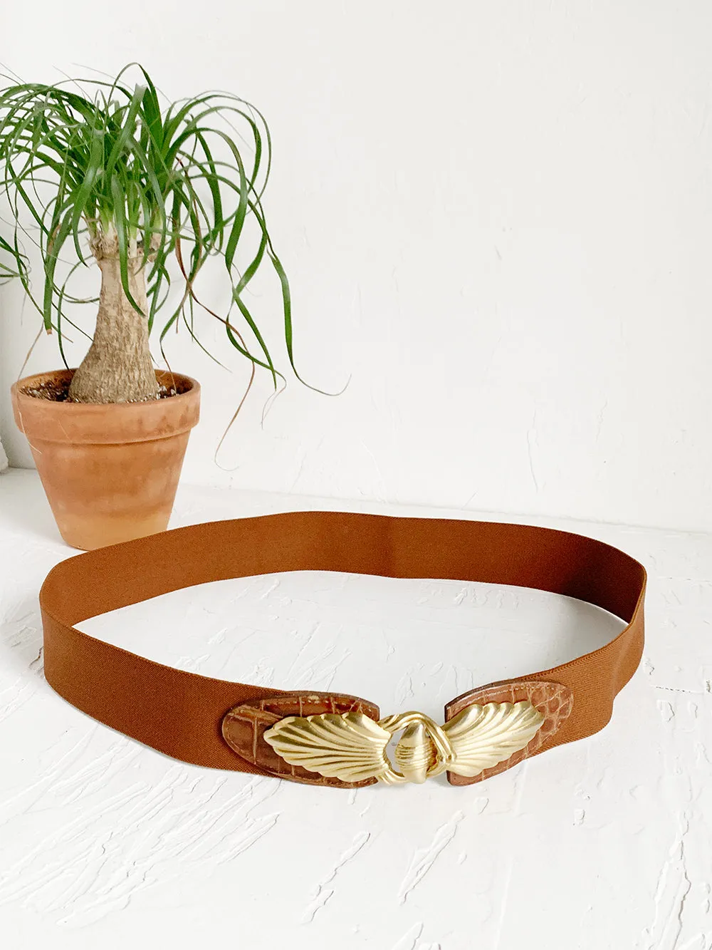 Brown Stretch Belt with Interlocking Brass Buckle