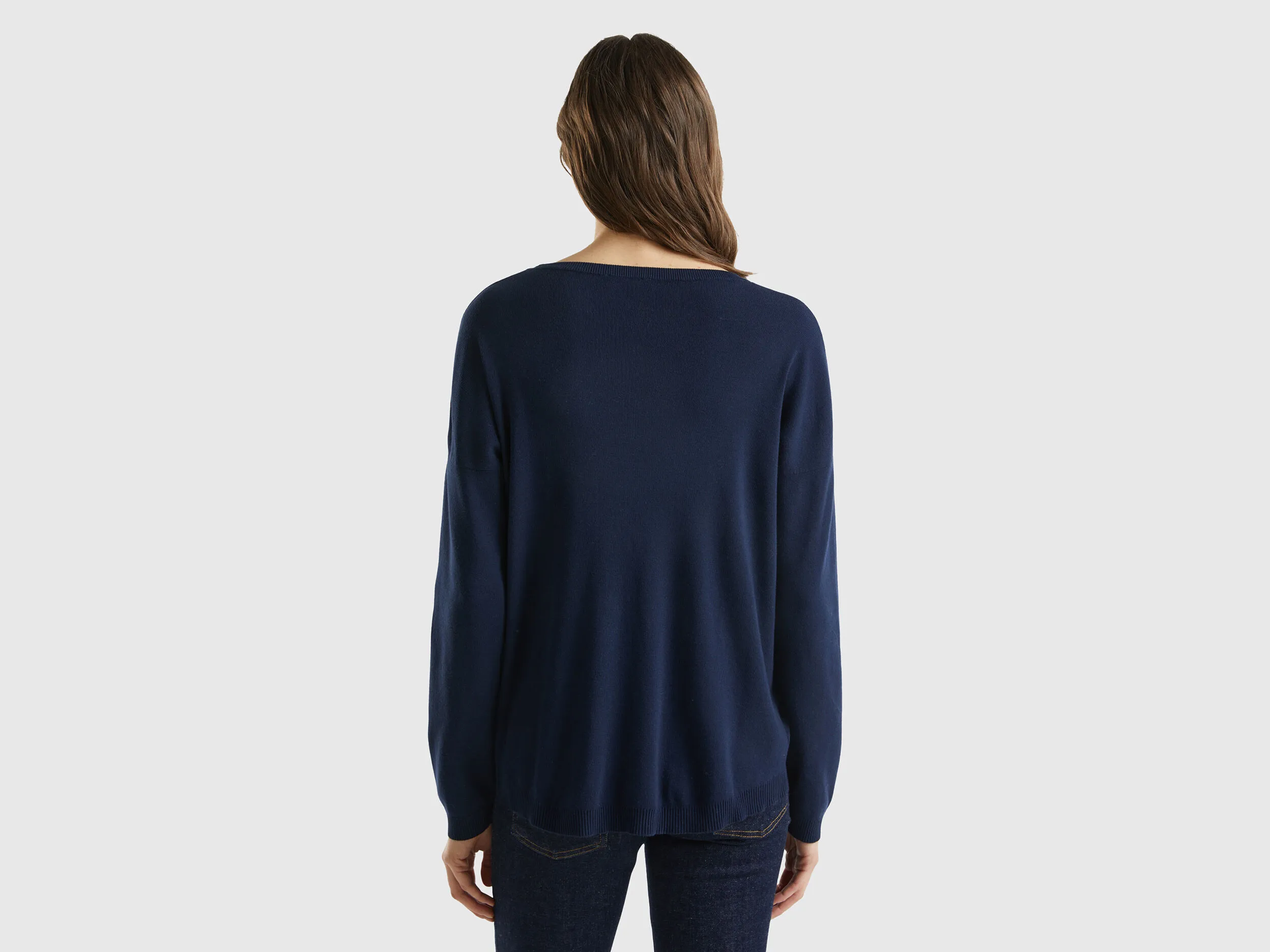 Cotton sweater with round neck - Dark Blue | Benetton