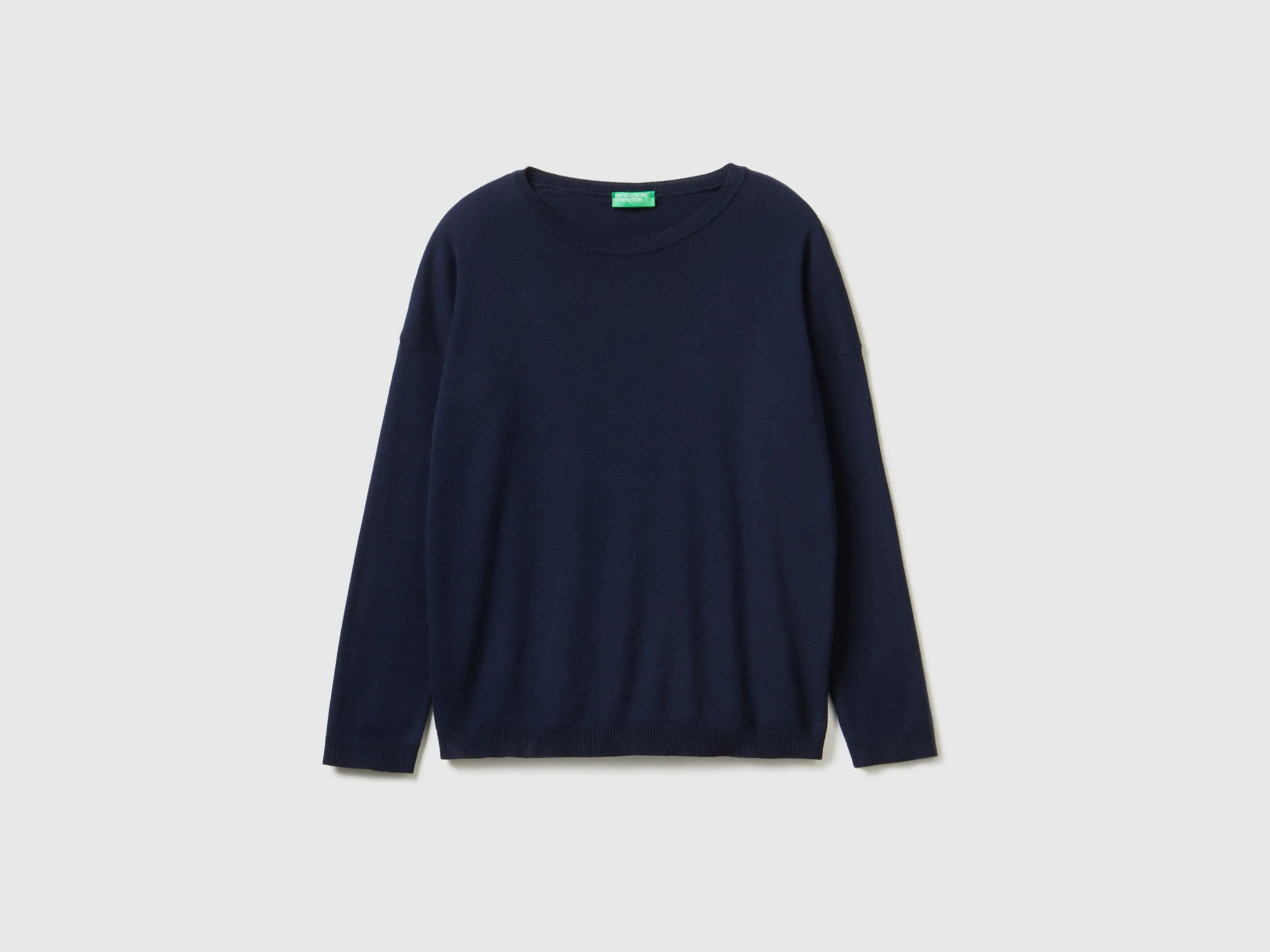 Cotton sweater with round neck - Dark Blue | Benetton