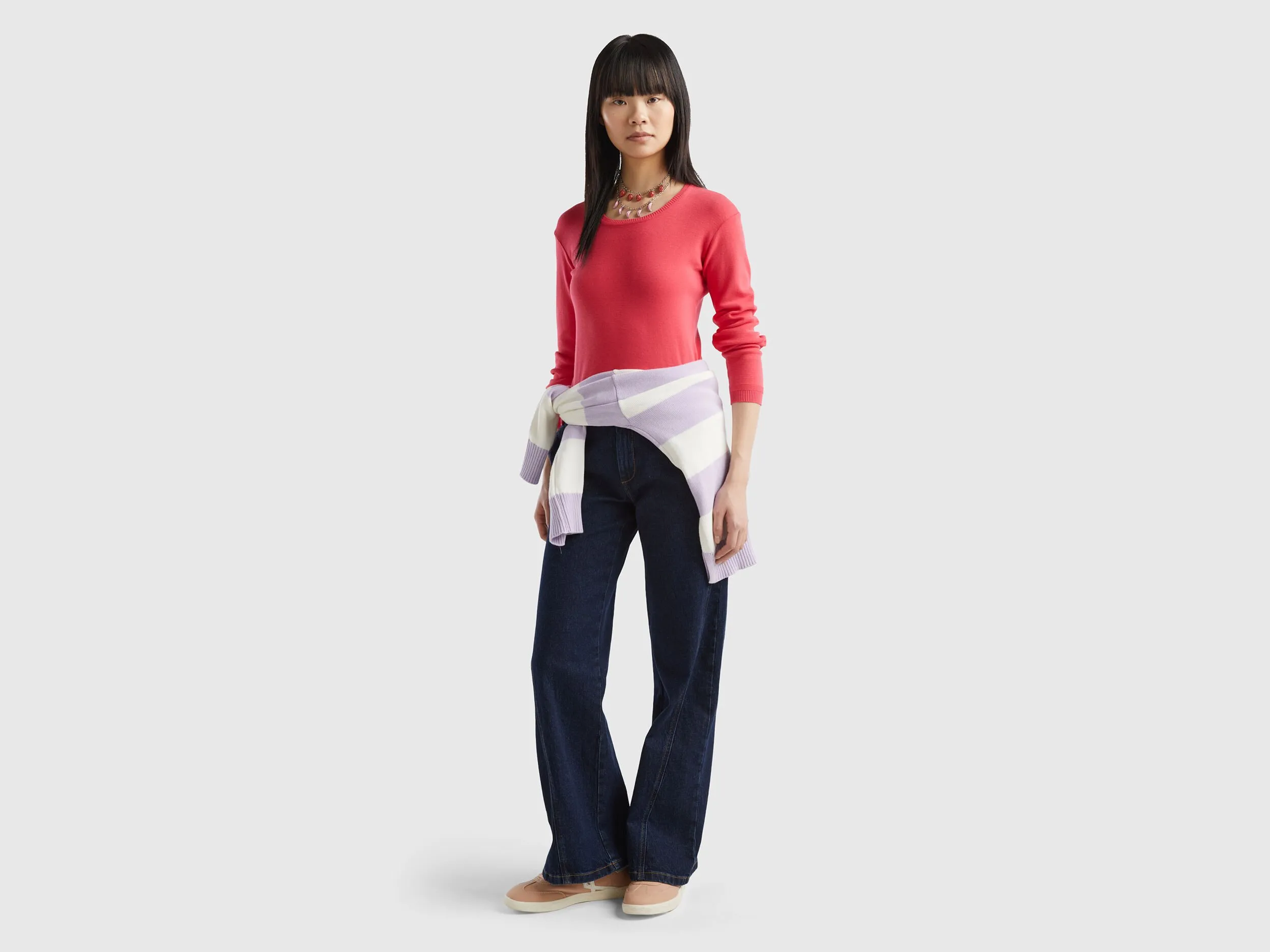 Crew neck sweater in pure cotton - Fuchsia | Benetton