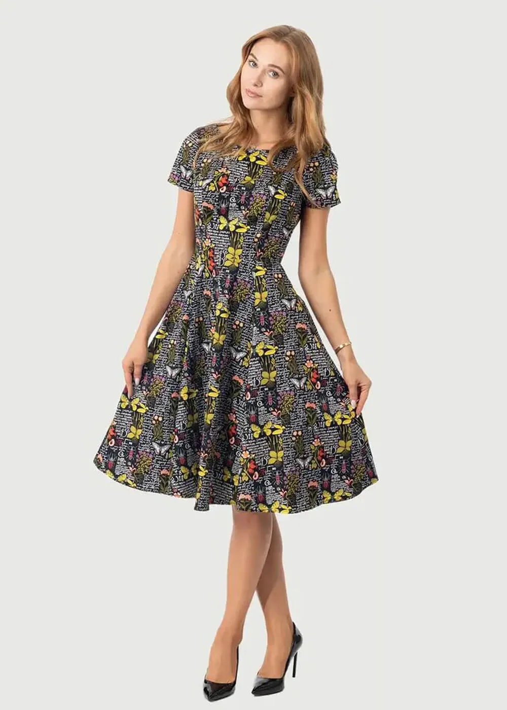 Eva Rose Clothing Carla Botanical Butterfly 50's Swing Dress Black