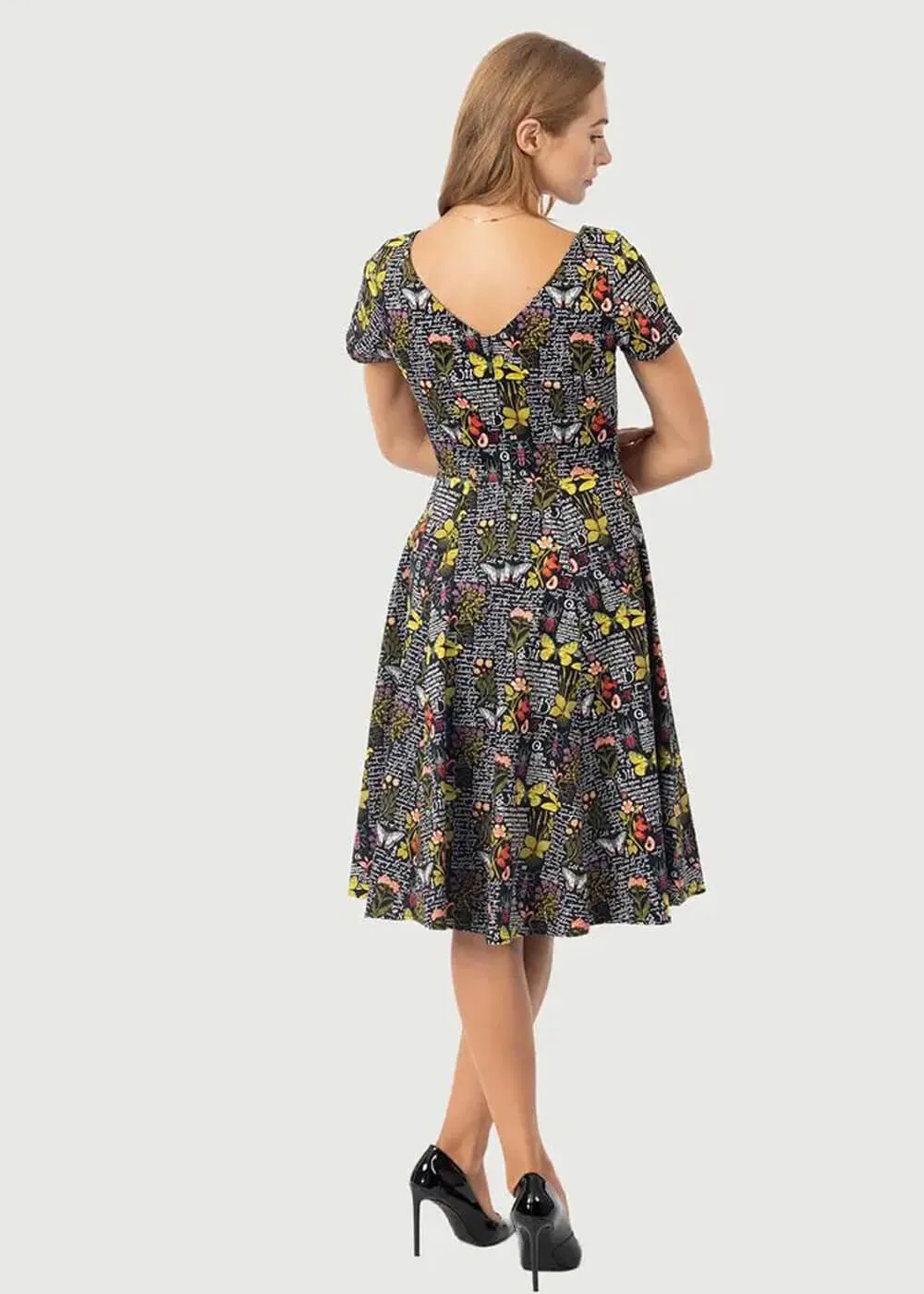 Eva Rose Clothing Carla Botanical Butterfly 50's Swing Dress Black