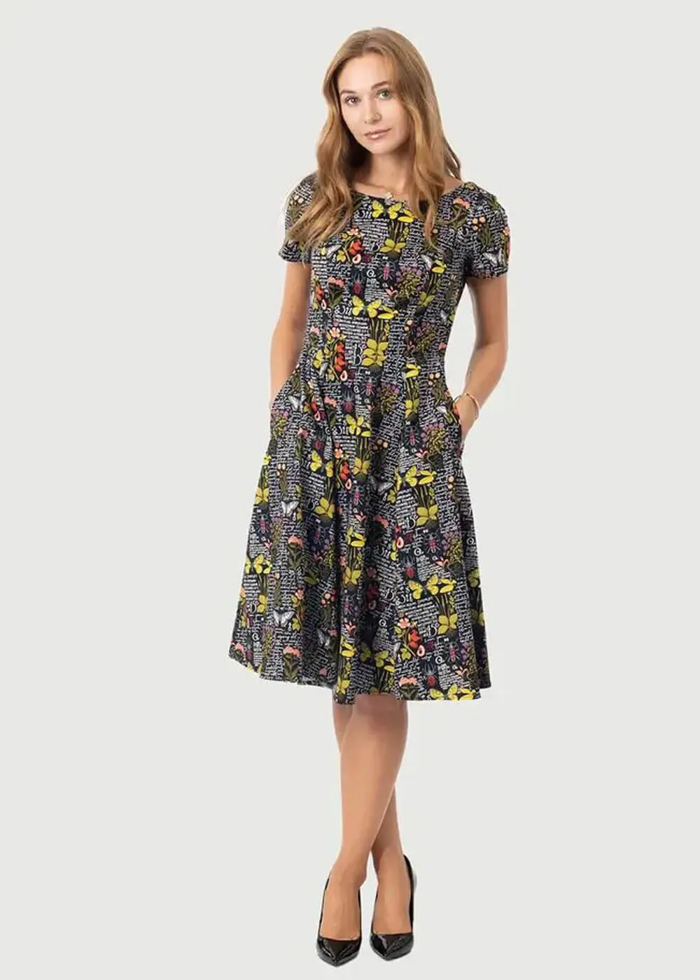 Eva Rose Clothing Carla Botanical Butterfly 50's Swing Dress Black