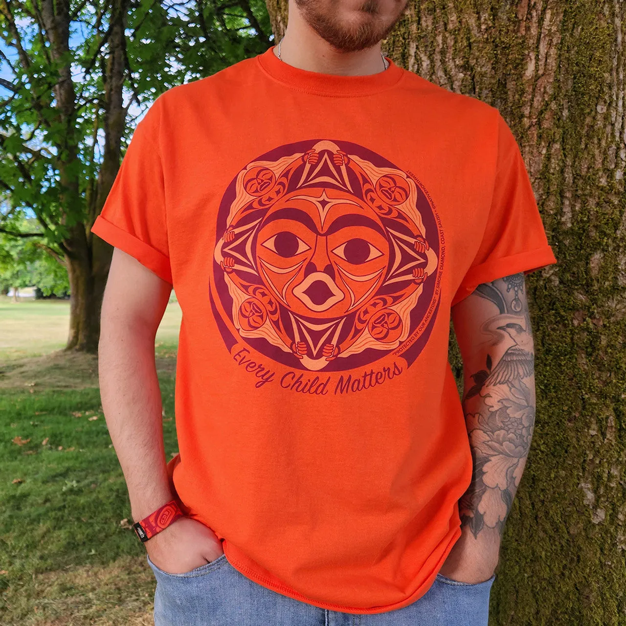 Every Child Matters (Protected by our Ancestors) Orange T-shirt by Simone Diamond