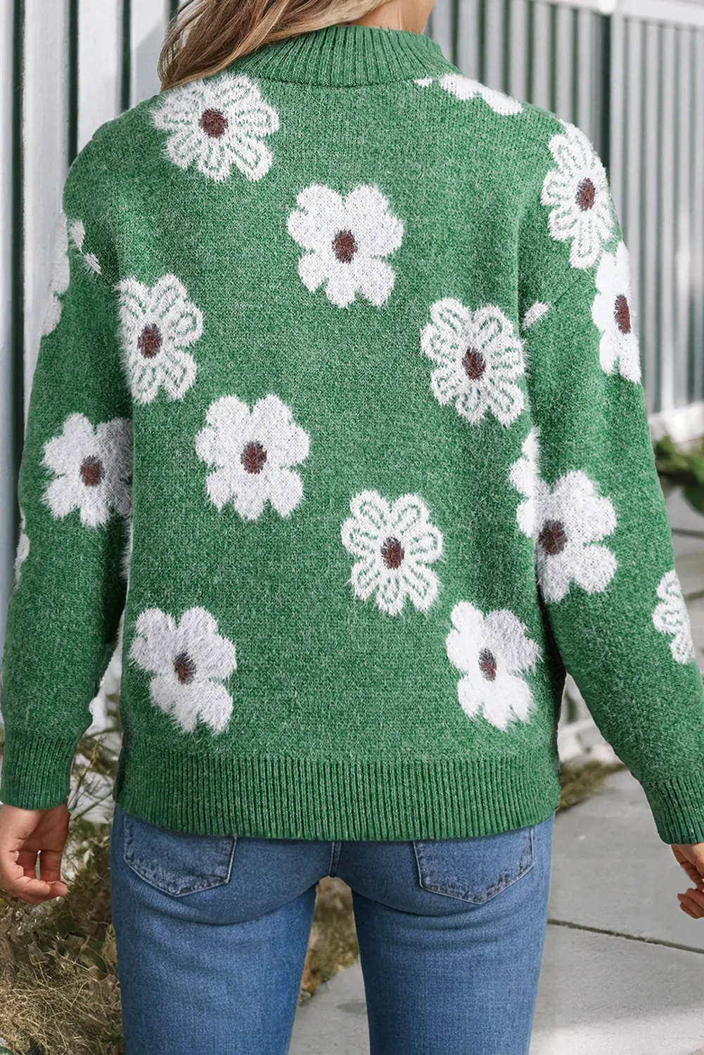 Floral Pattern Drop Shoulder Half Zip Sweater