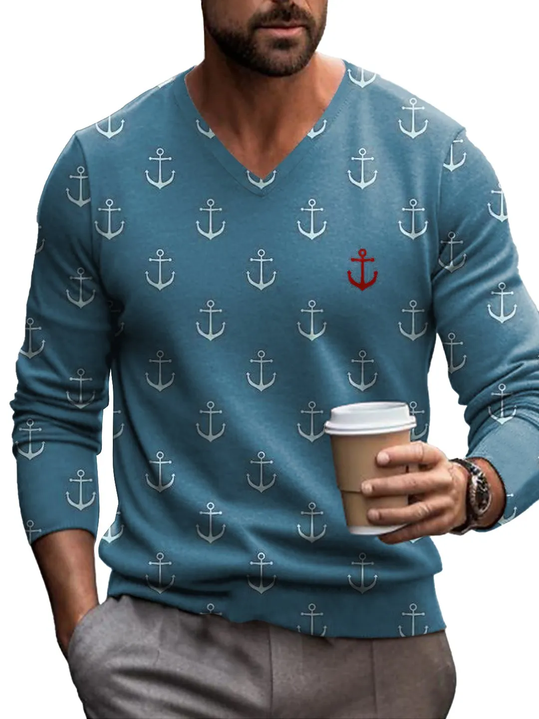 Fun Anchor Print V-Neck Knitted Pullover Sweater