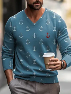 Fun Anchor Print V-Neck Knitted Pullover Sweater