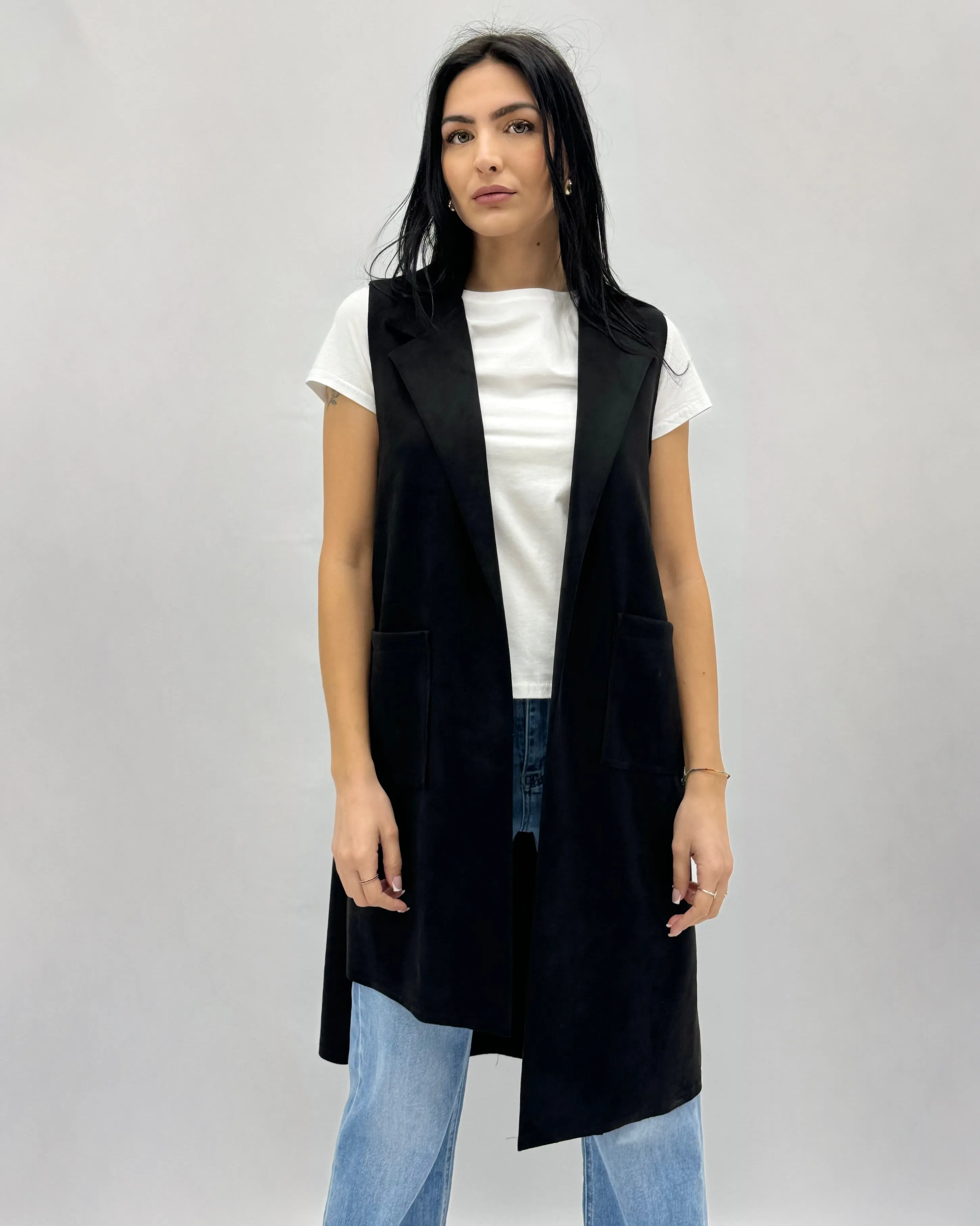 Gilet scamosciato lungo con bottoni