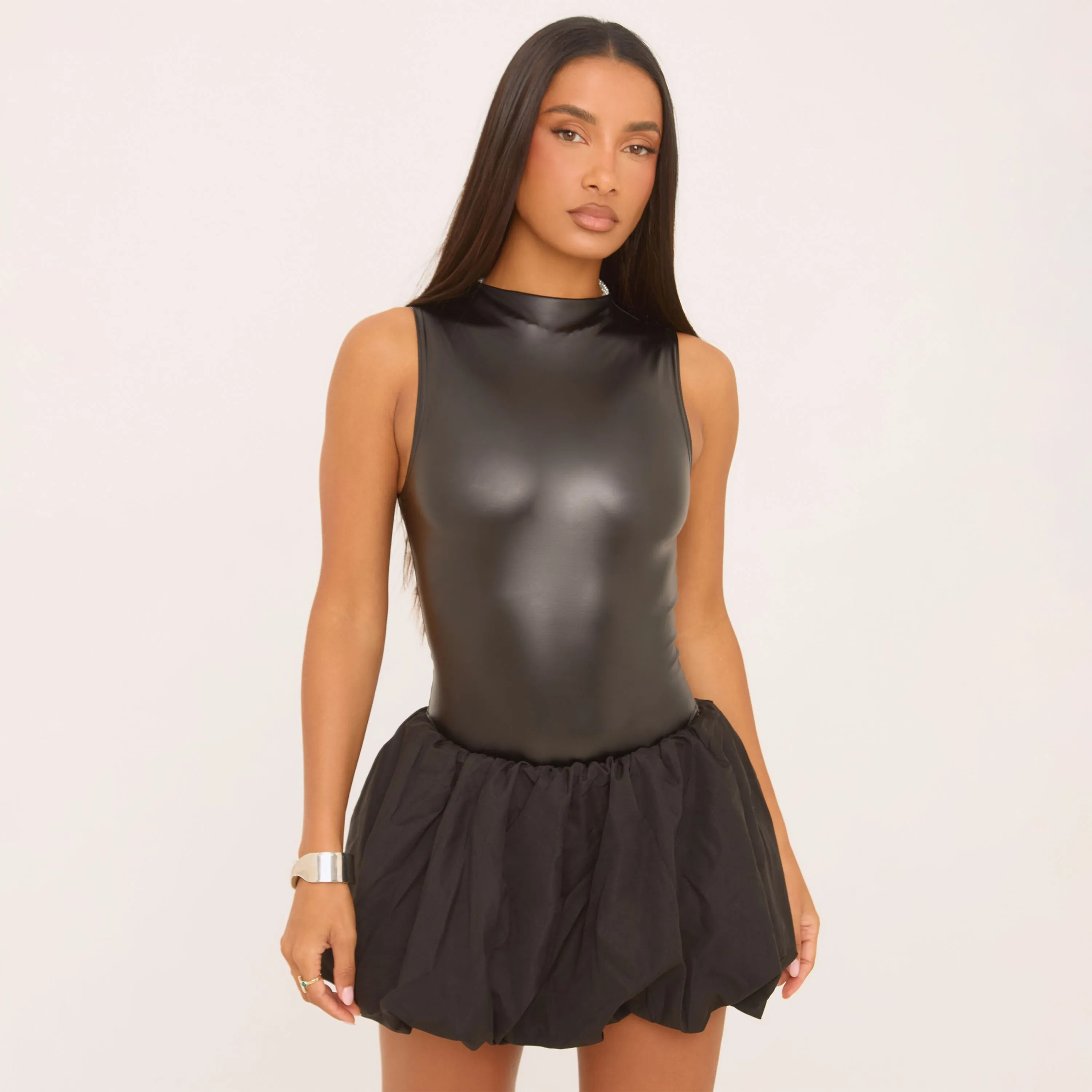 High Neck Sleeveless Leather Look Bodysuit In Black