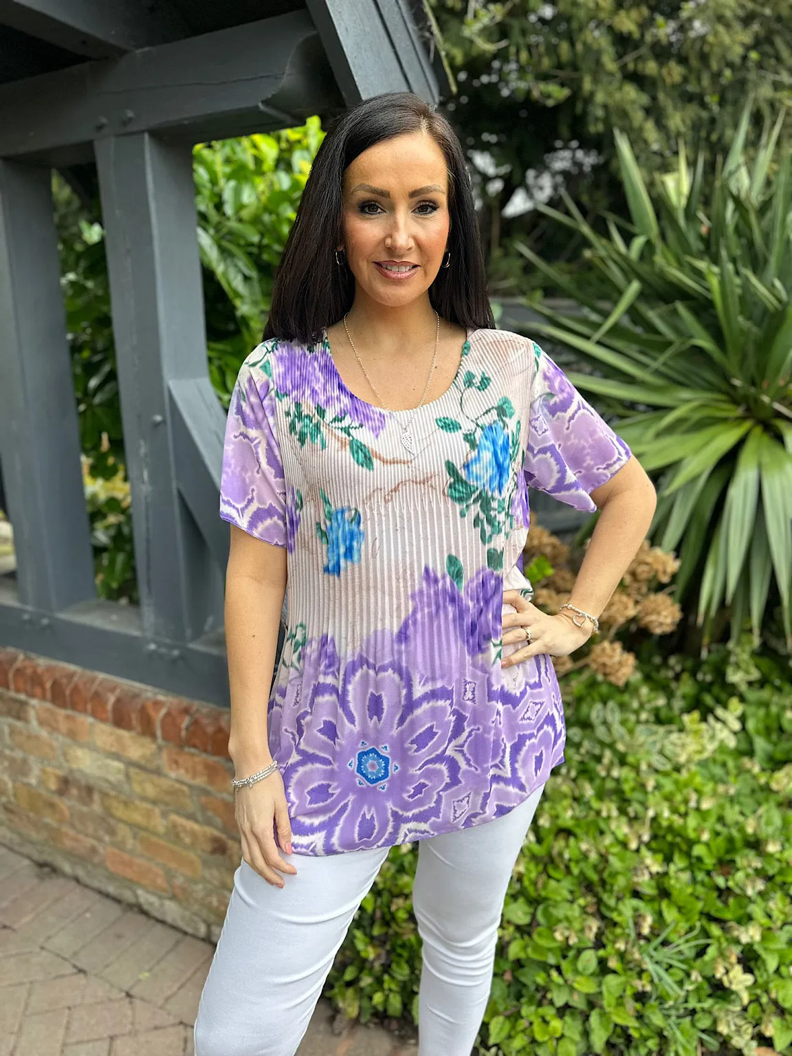 Lilac Pleated Colour Blend Floral Blouse Bethany