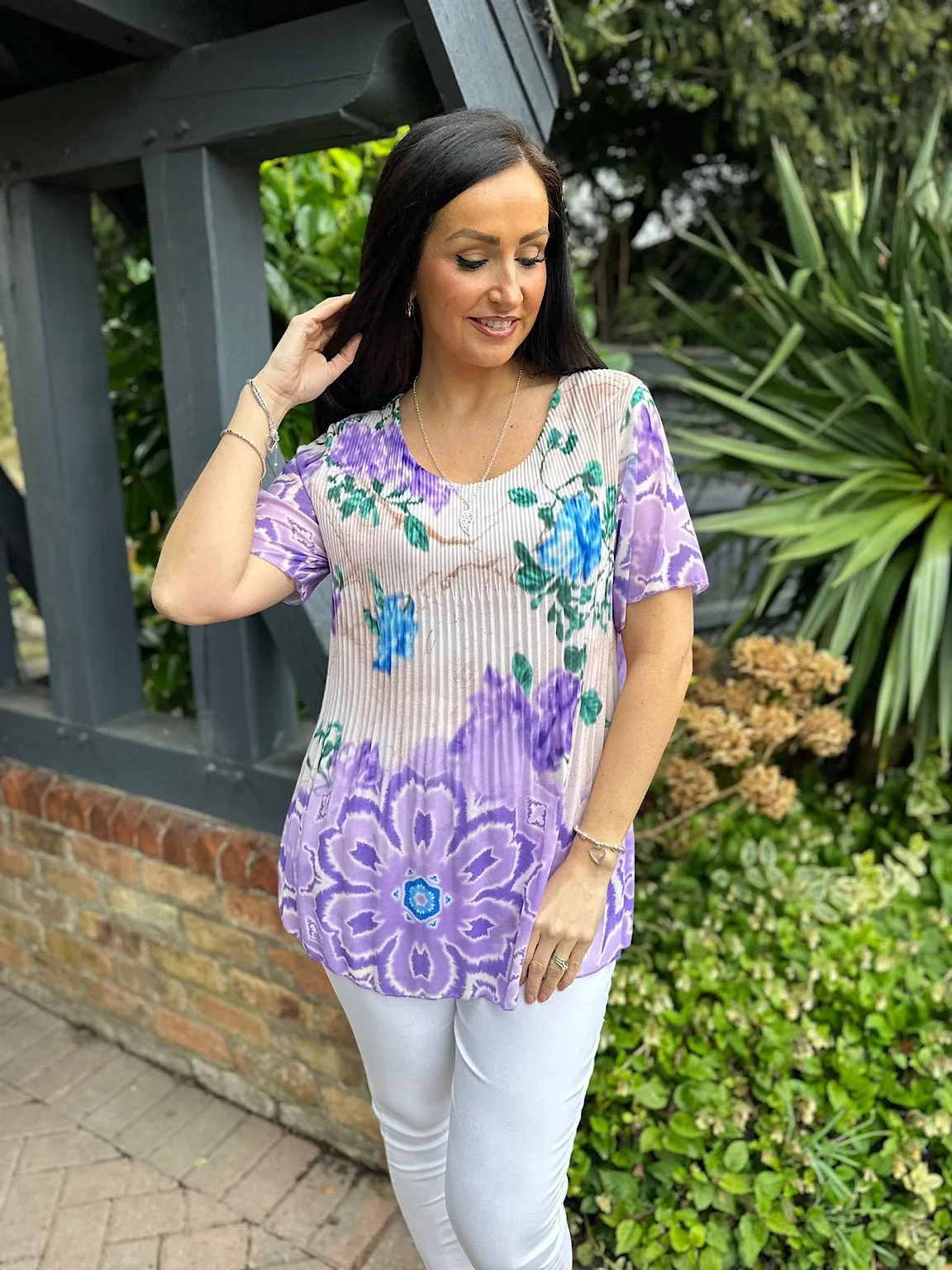 Lilac Pleated Colour Blend Floral Blouse Bethany