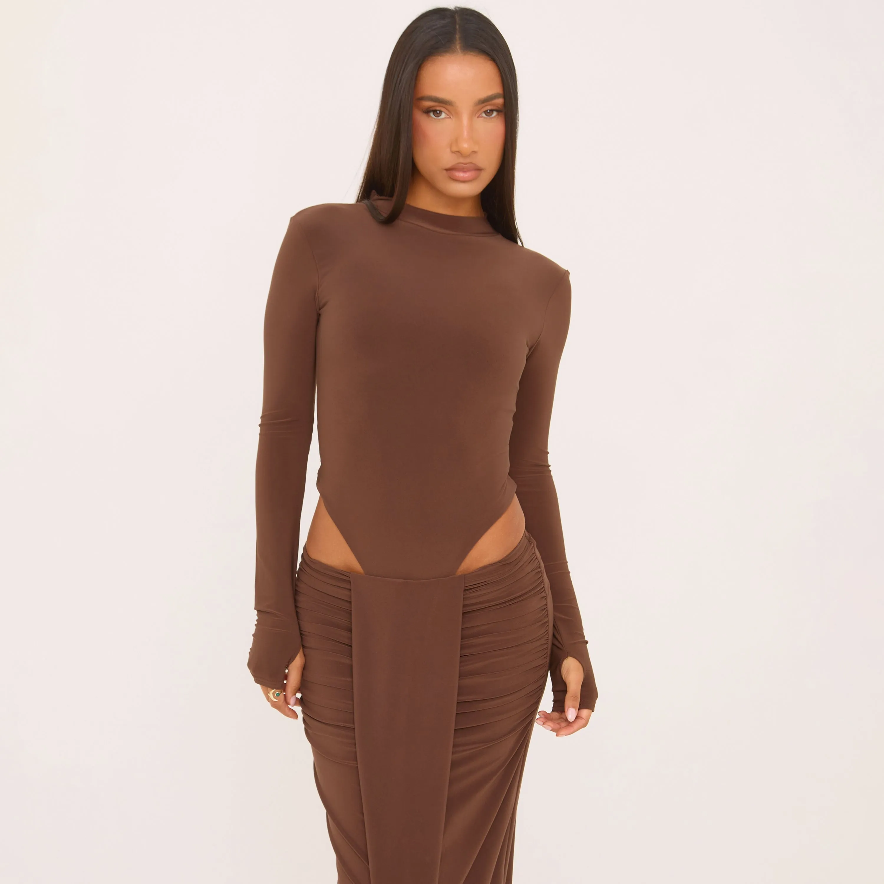 Long Sleeve High Neck Bodysuit In Chocolate Brown