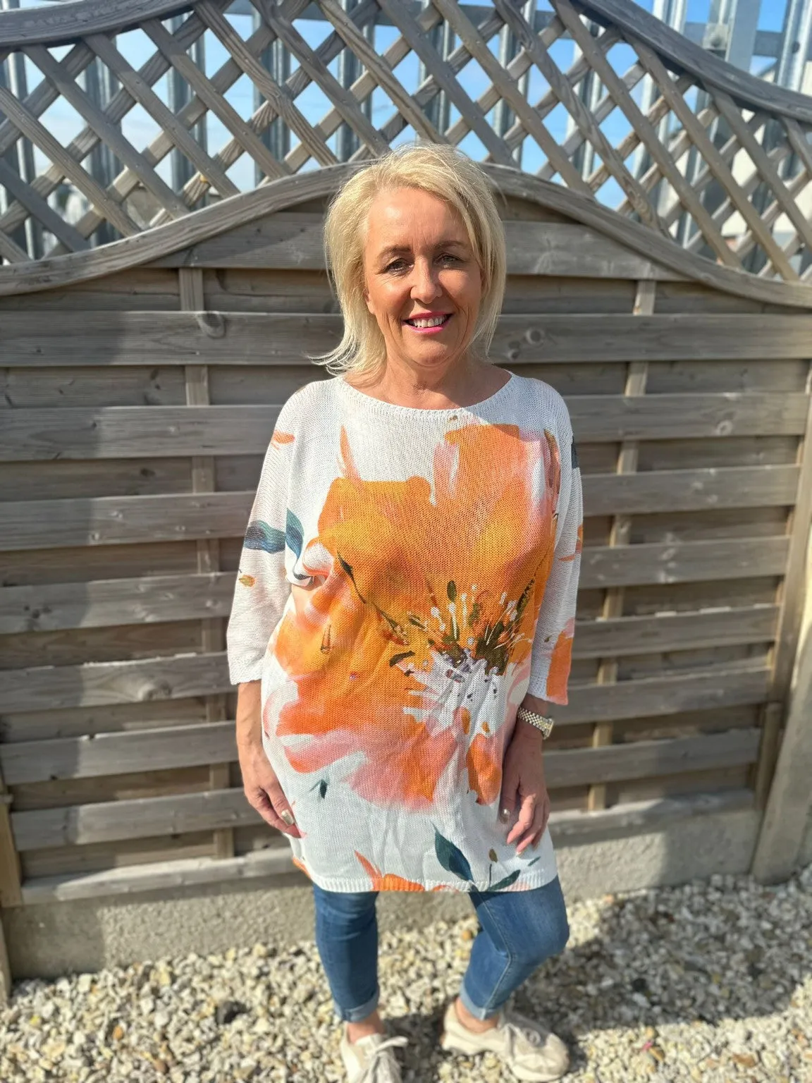 Longline Flower Print Knitted Top Doris