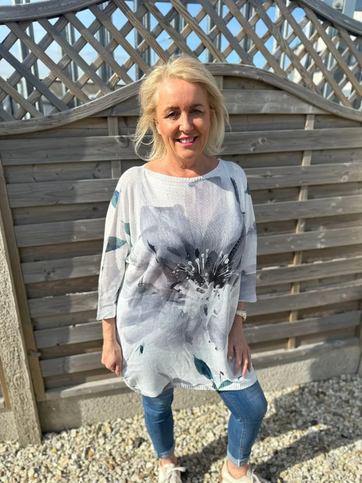 Longline Flower Print Knitted Top Doris