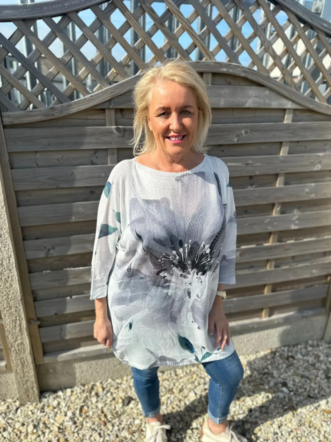 Longline Flower Print Knitted Top Doris