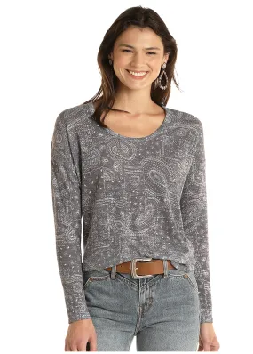 Panhandle Slim Women's Light Navy Bandana Print Long Sleeve Sweater