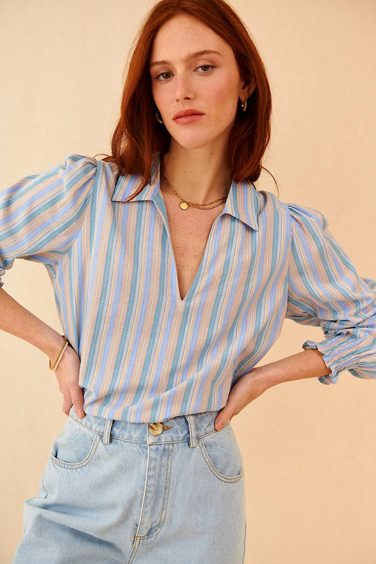 SEA long sleeve striped blouse: L