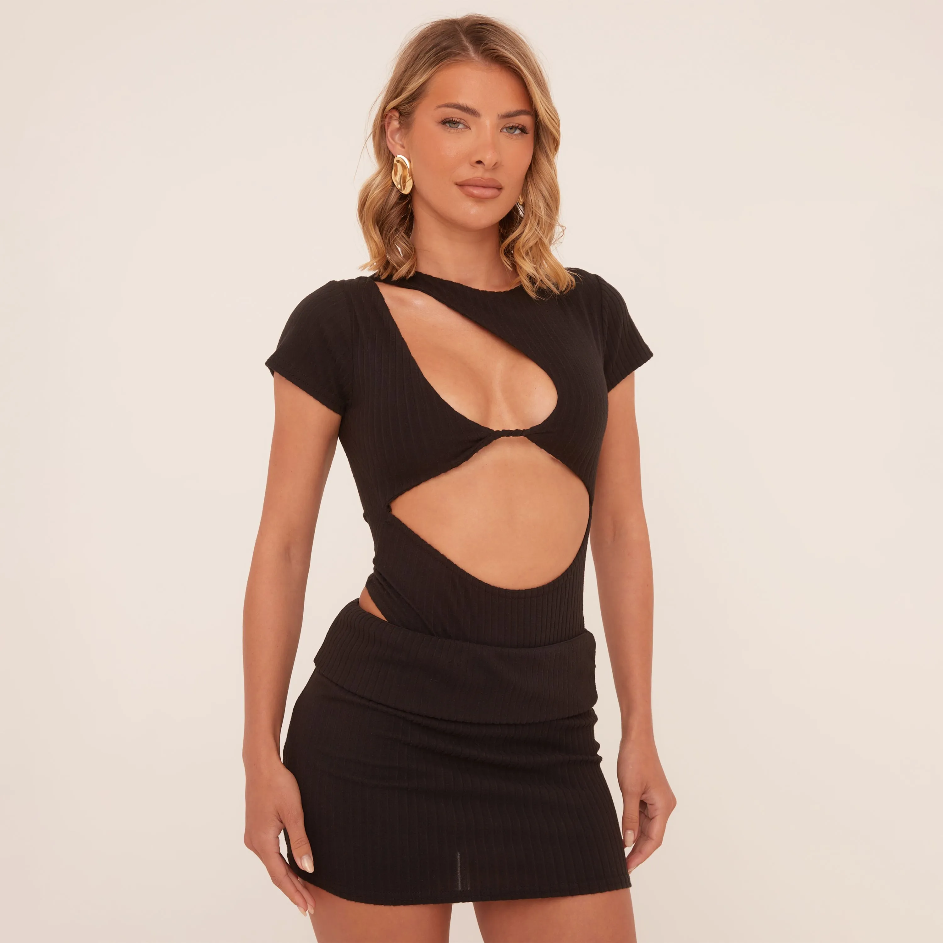 Short Sleeve Slash Front Bodysuit In Black Rib