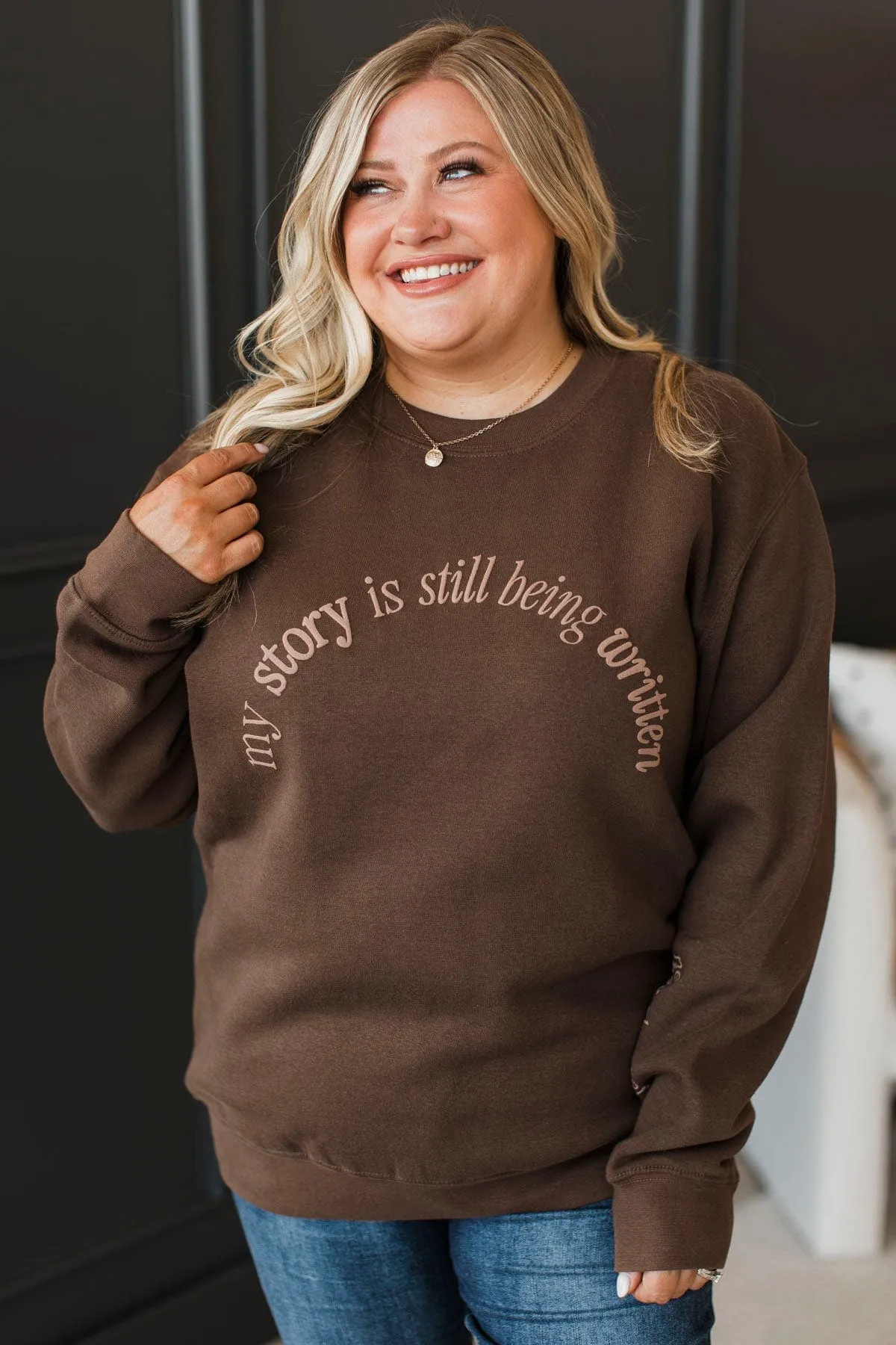 Still Being Written Crew Neck Pullover- Brown