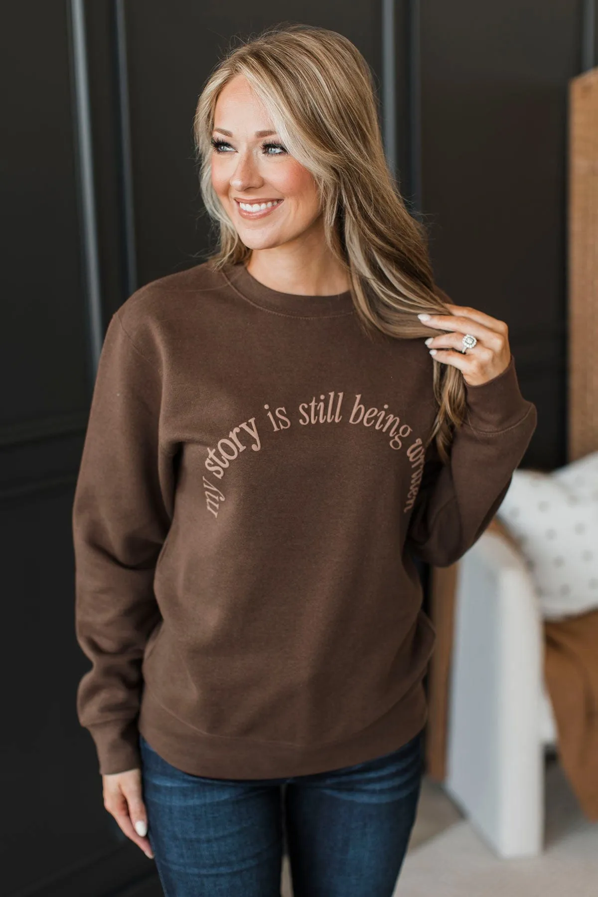 Still Being Written Crew Neck Pullover- Brown