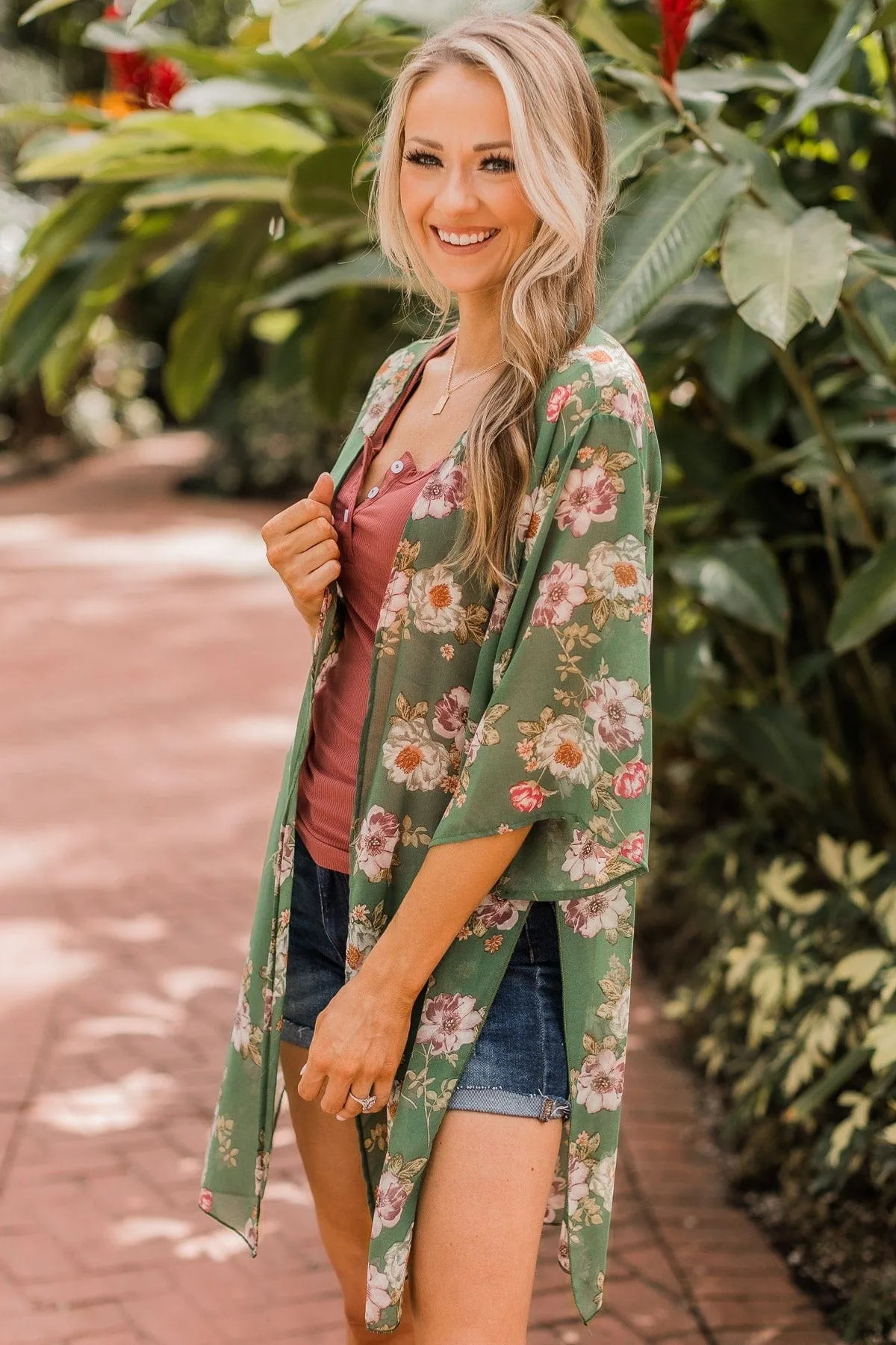 Under The Cabana Floral Kimono- Olive