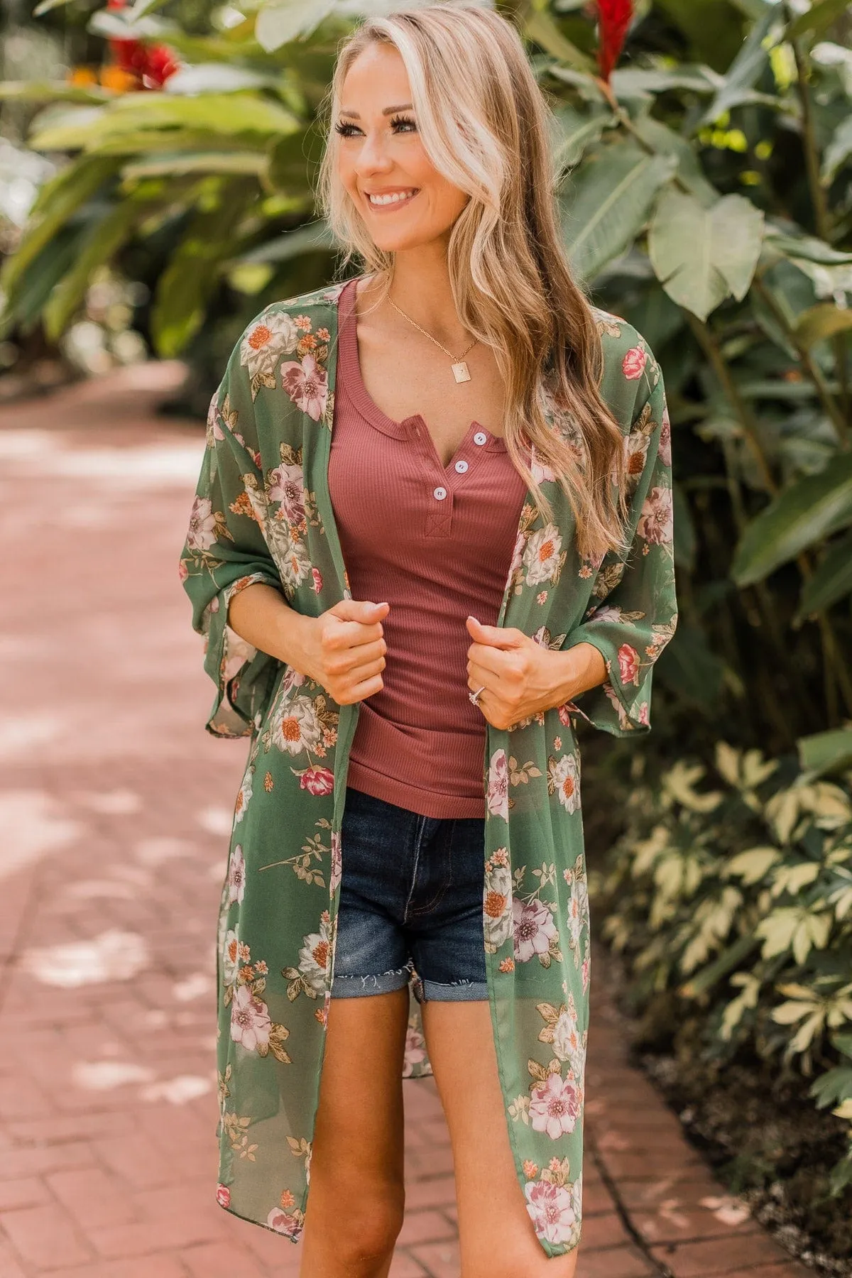 Under The Cabana Floral Kimono- Olive