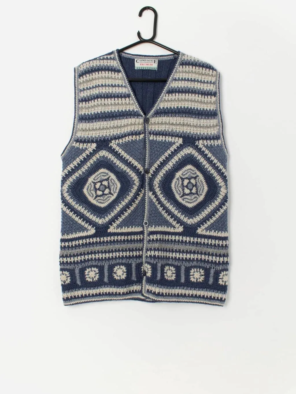 Vintage Shetland wool knitted vest waistcoat in blue and white – Large