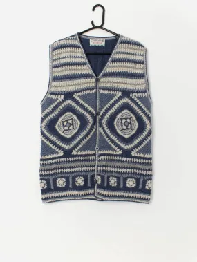 Vintage Shetland wool knitted vest waistcoat in blue and white – Large