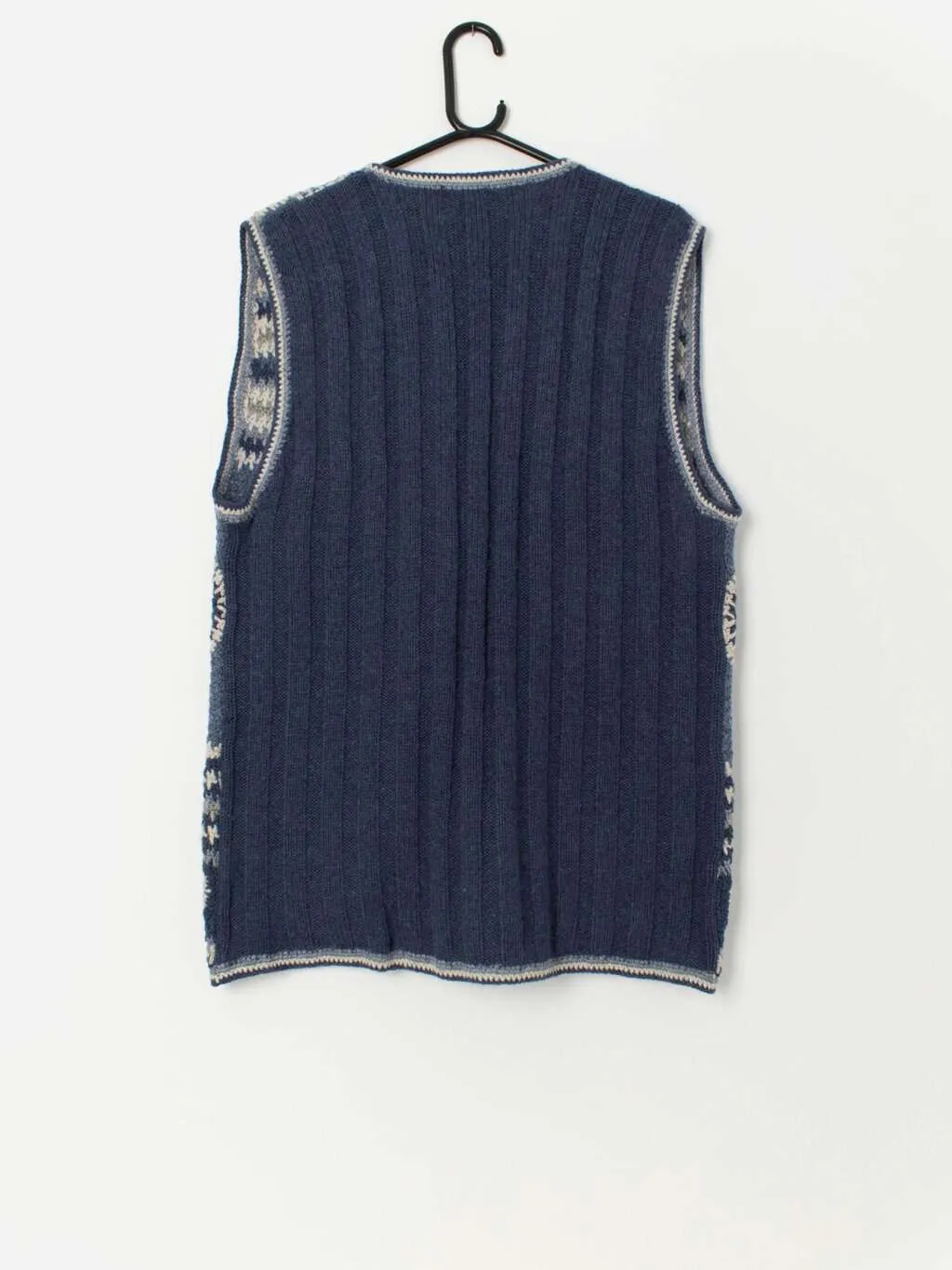 Vintage Shetland wool knitted vest waistcoat in blue and white – Large