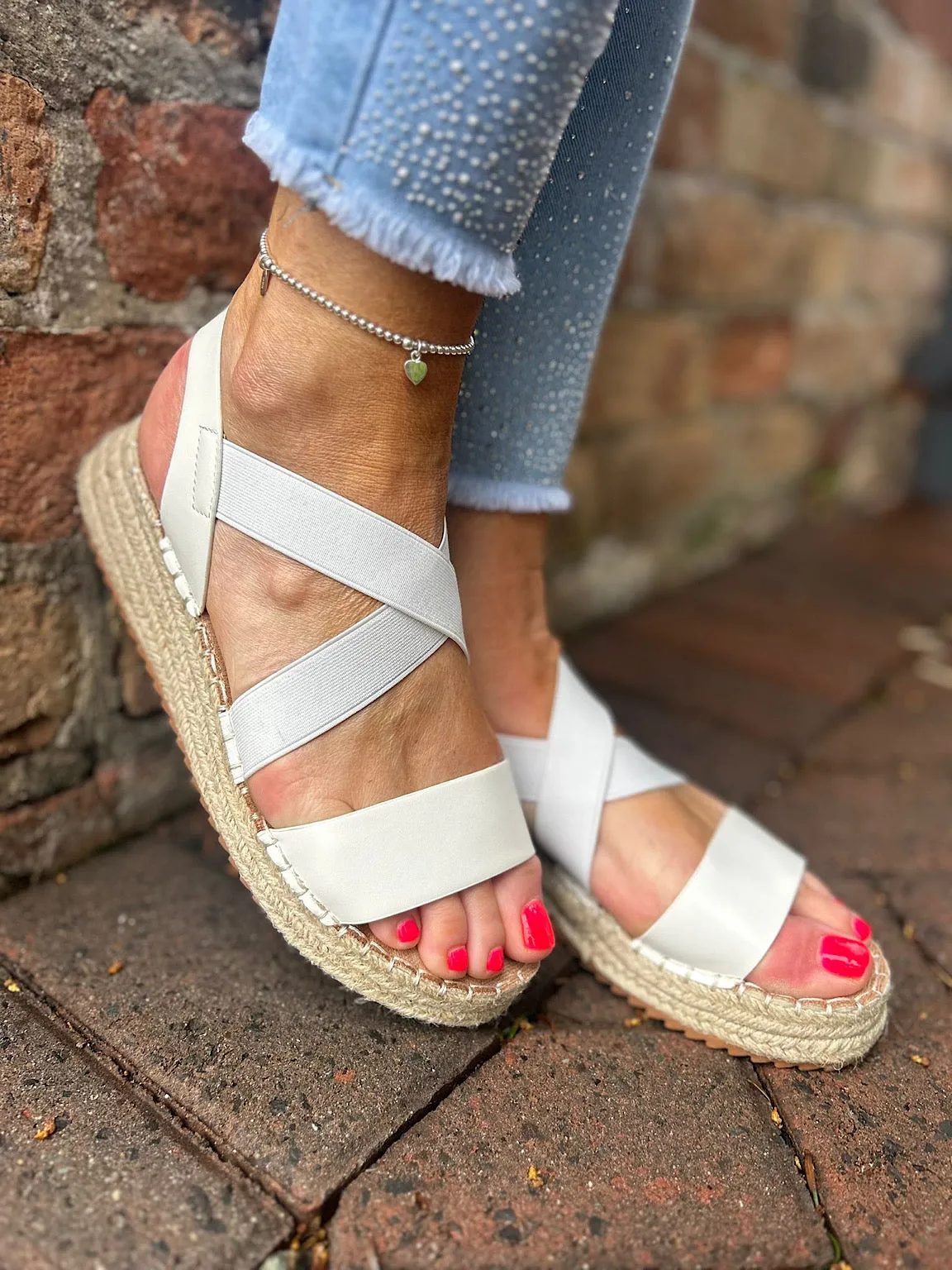 White Crossover Strap Sandal