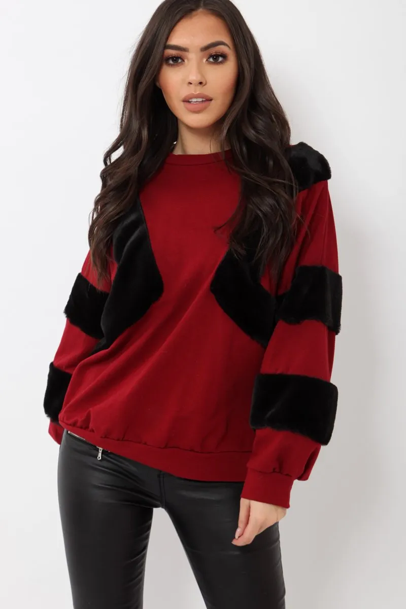 Wine Jumper with Fur on Front and Sleeves - Mercedes