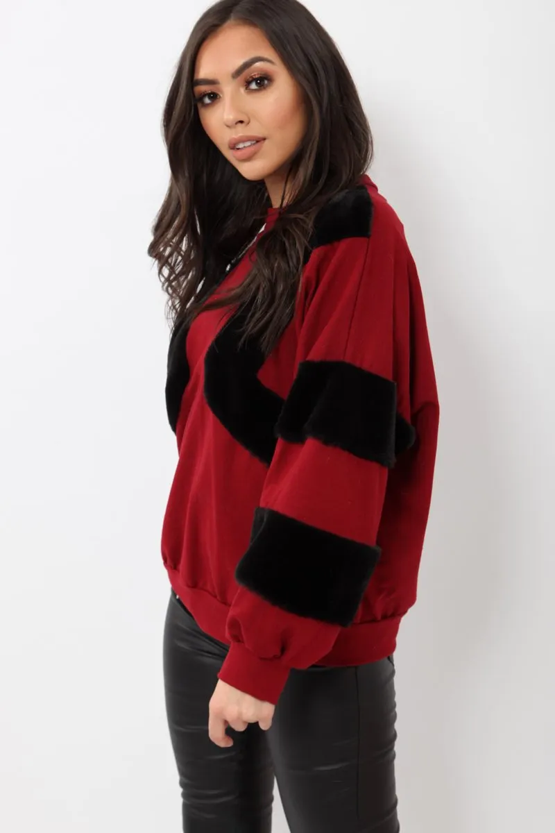 Wine Jumper with Fur on Front and Sleeves - Mercedes