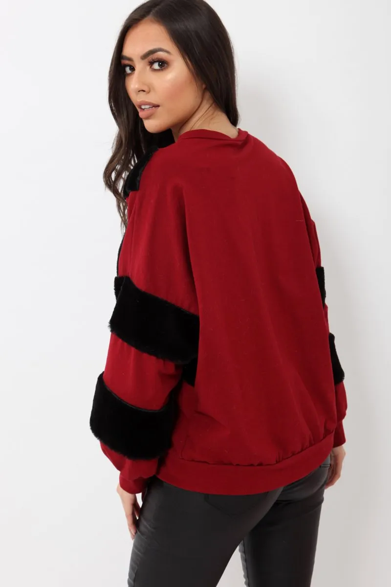 Wine Jumper with Fur on Front and Sleeves - Mercedes