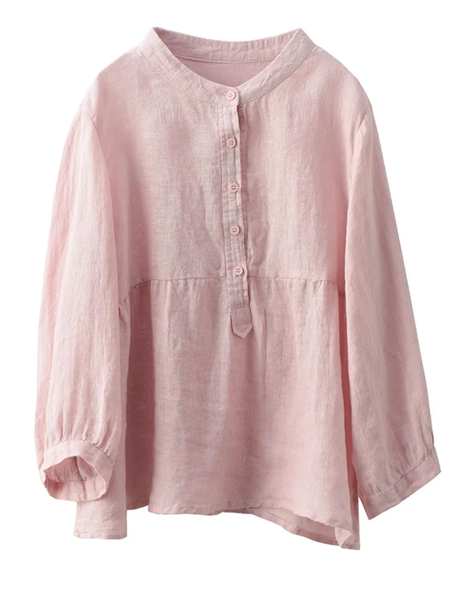 Women Retro Solid Spring Pullover Linen Shirt KL1030