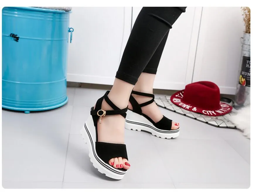 Women's Summer Leisure Style Peep Toe Buckle Strap High Heel Wedges